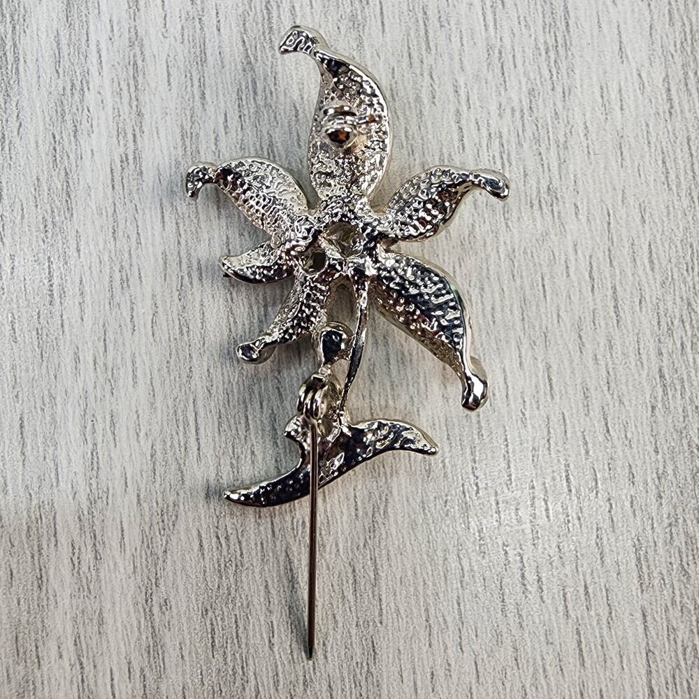 Vintage Daisy Floral Brooch Pin Silver Tone Clear Glass Gem Faux Pearl Scarf Pin - Picture 5 of 6